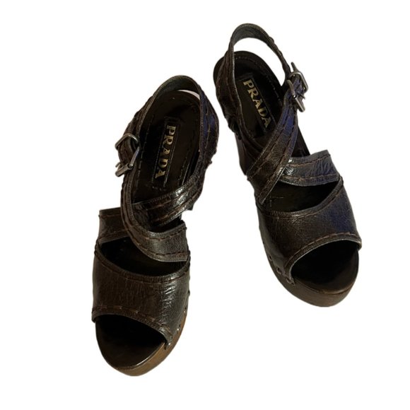 Prada distressed leather, wood platform/heel shoes Size 5 - Picture 3 of 10